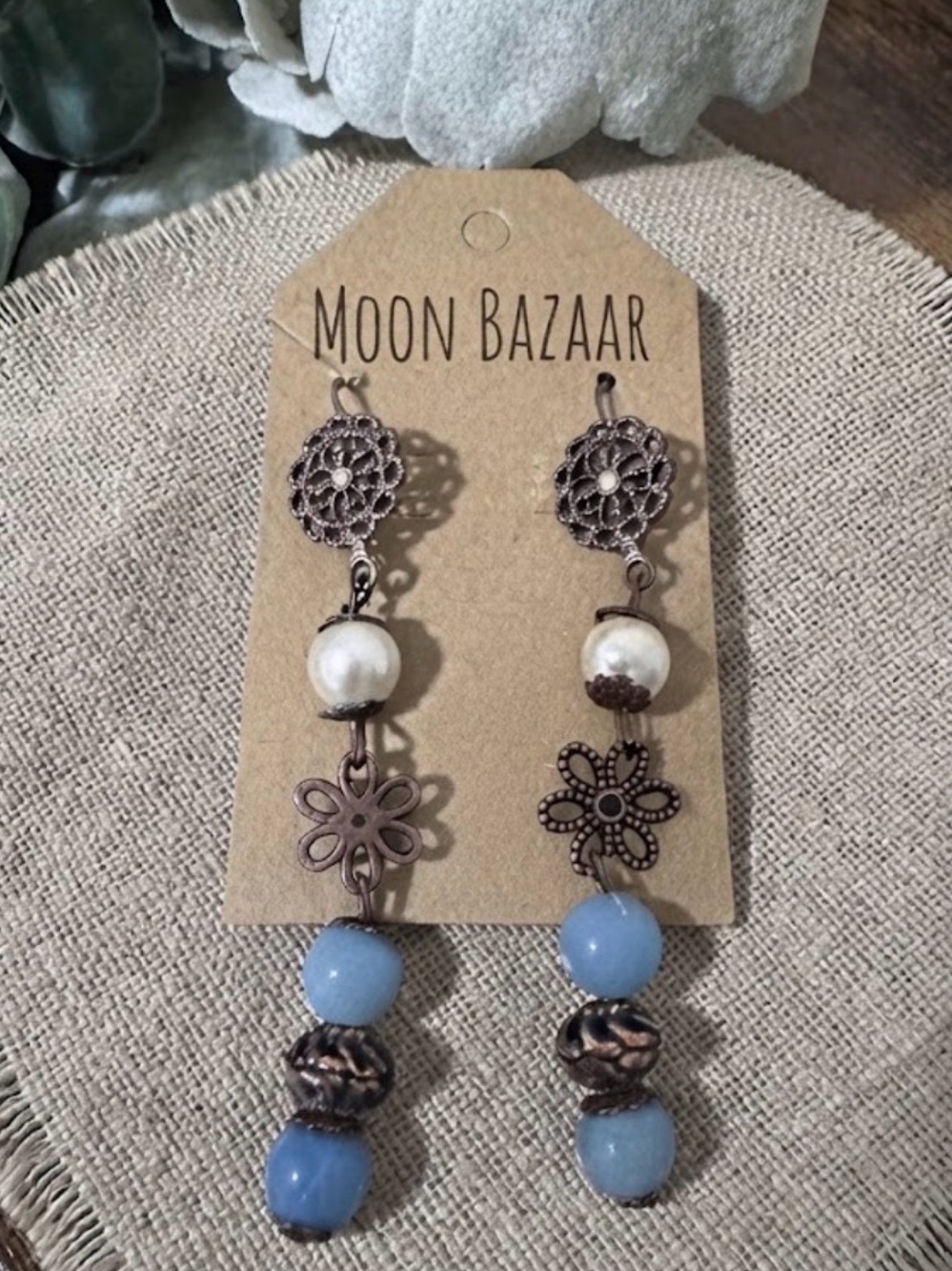 Rustic Larimar Drop Earrings with Pearl Accent and copper